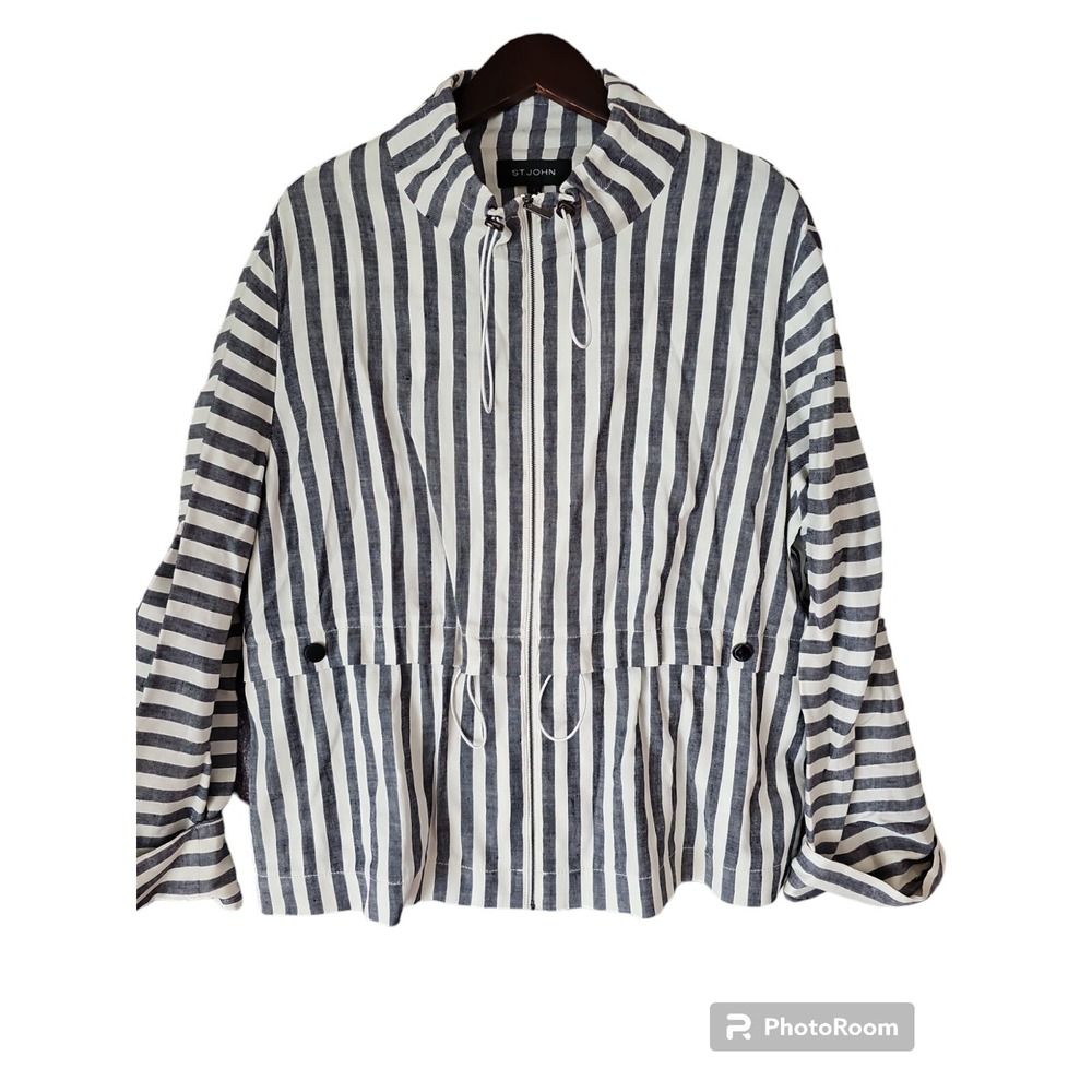 ST JOHN Linen Blend‎ Striped Gray White Long Sleeve Full Zip Jacket Size L YJ01